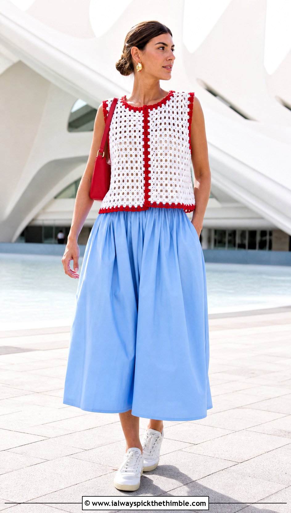 Boxy White Crochet Vest With a Poplin Skirt - 25 white crochet vest outfit ideas