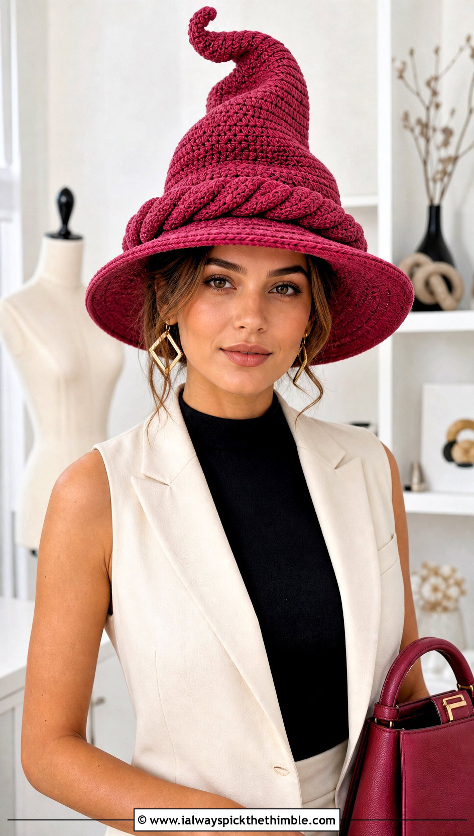 Braided Band Crochet Twisted Witch Hat With Tailored Vest - 20 crochet twisted witch hat outfit ideas