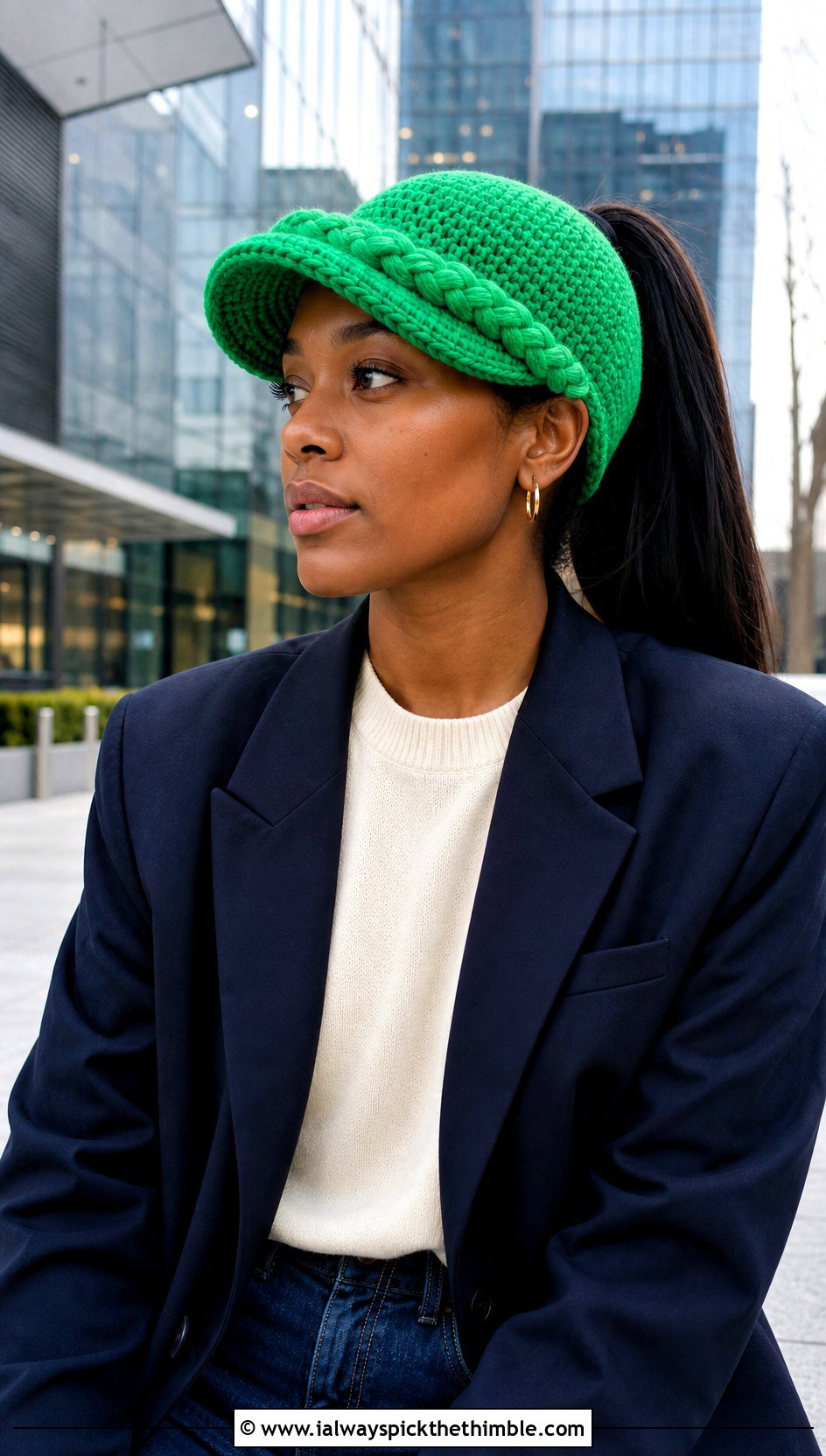 Braided Brim Crochet Ponytail Hat With Blazer And Jeans - 25 crochet ponytail hat outfit ideas