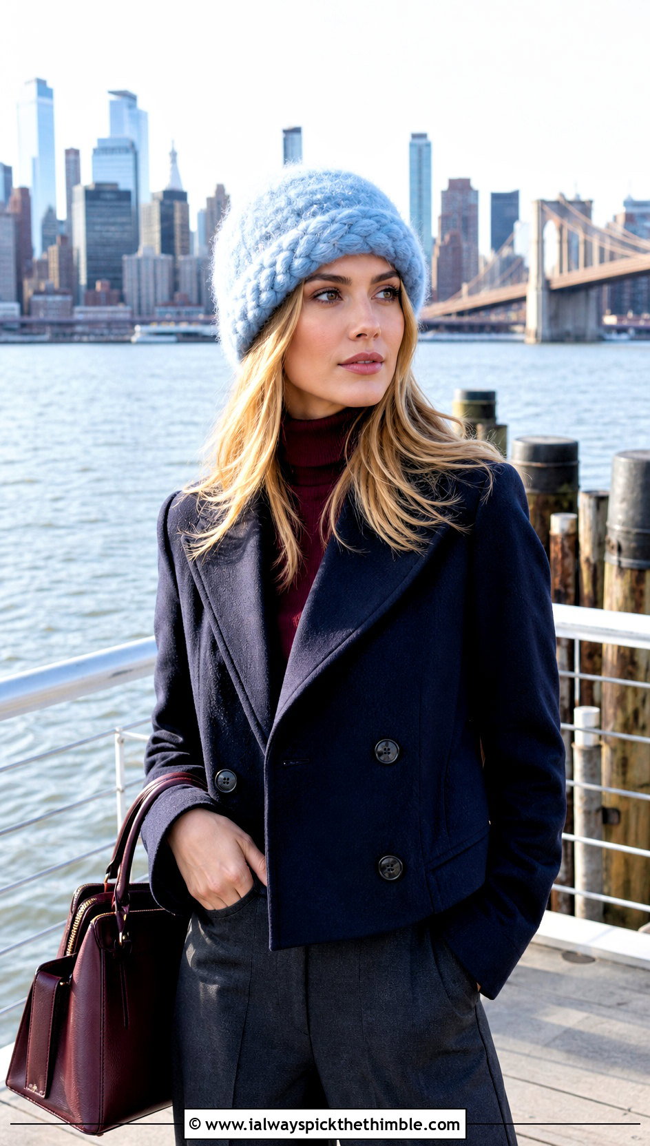 Braided Brim Mohair Crochet Beanie With Peacoat And Wide Trousers - 25 mohair crochet beanie outfit ideas