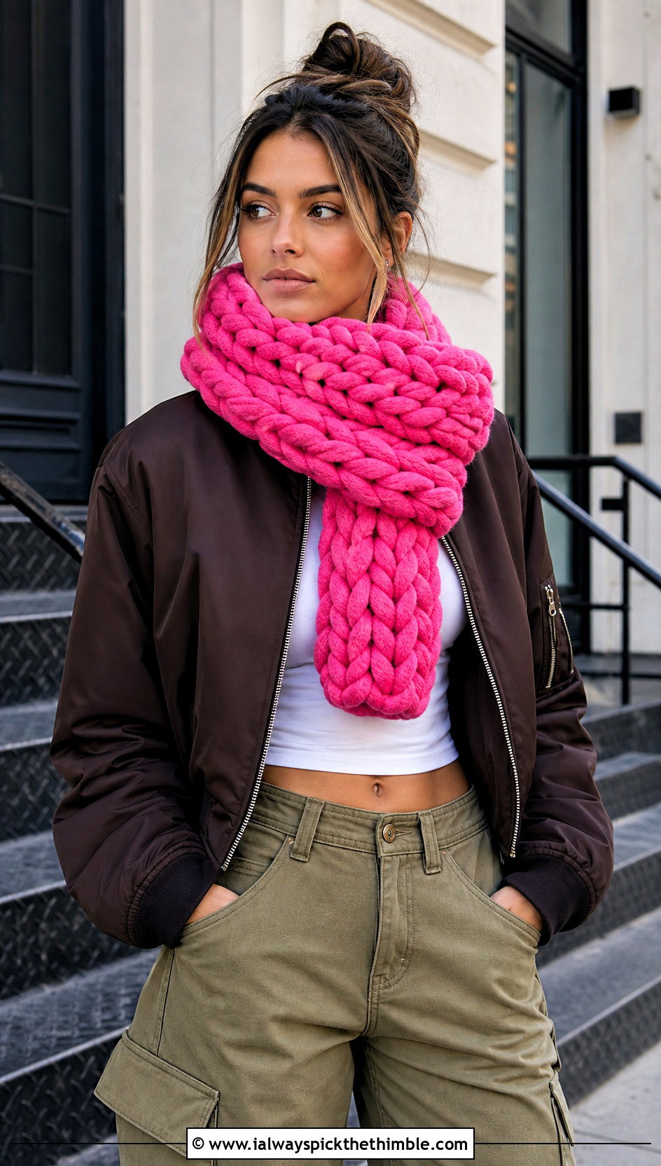 Braided Bulky Crochet Scarf With Bomber Jacket And Cargo Pants - 15 Crochet For Scarves Using Bulky Yarn outfit ideas