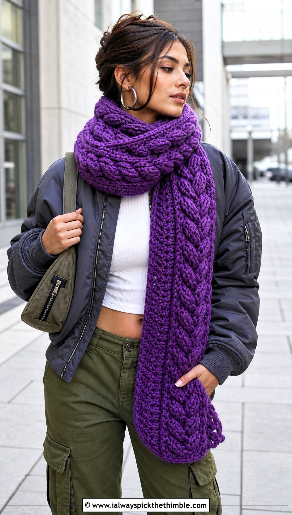 Braided Bulky Crochet Scarf With Bomber Jacket - 20 bulky crochet scarf outfit ideas