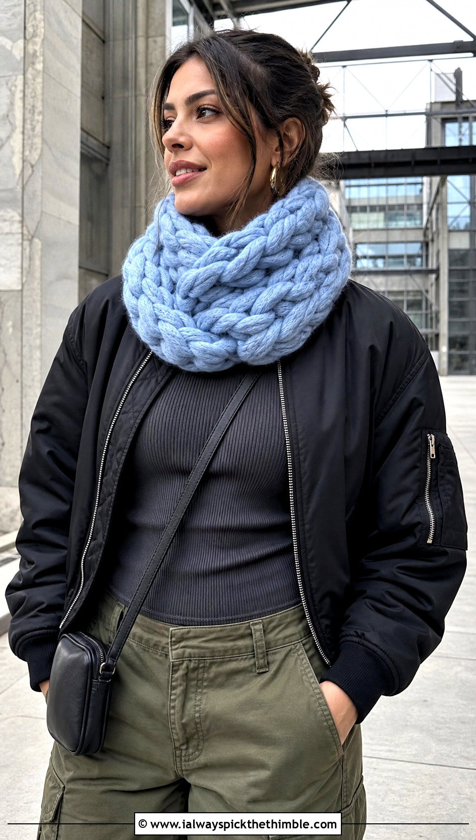Braided Bulky Yarn Crochet Scarf With Cargo Pants - 20 bulky yarn crochet scarf outfit ideas