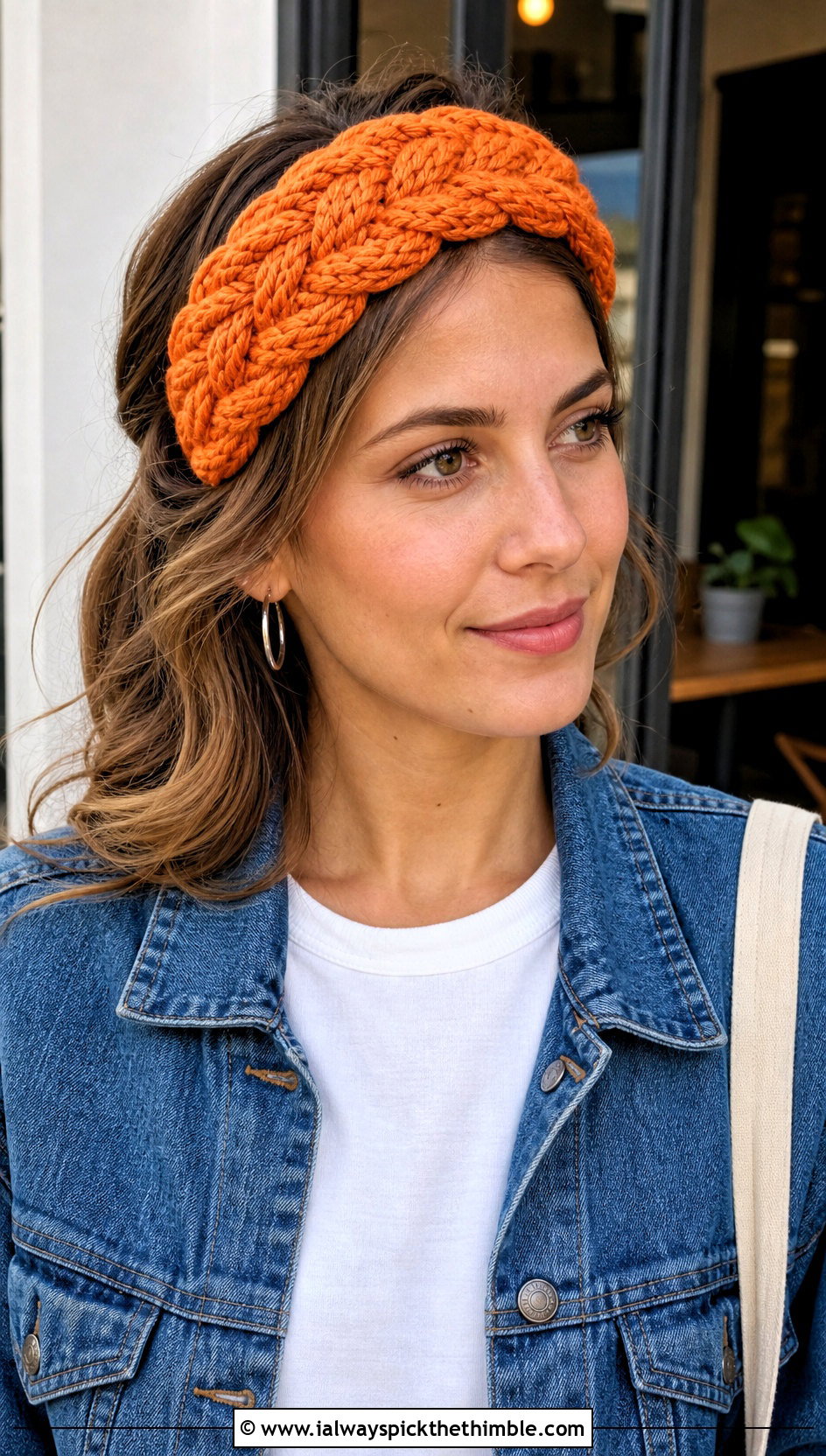 Braided Cable Bulky Yarn Crochet Headband With Denim Jacket - 20 bulky yarn crochet headband outfit ideas