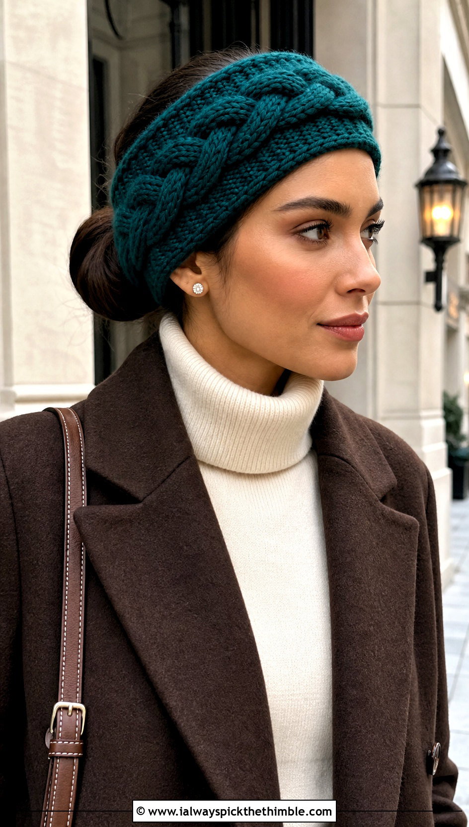 Braided Cable Crochet Ear Headband With Wool Coat - 20 crochet ear headband outfit ideas