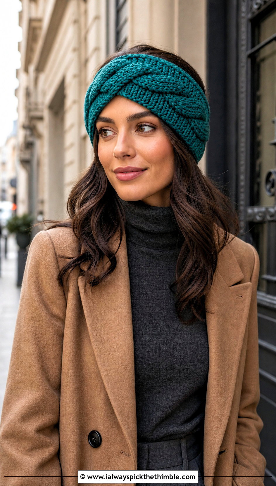 Braided Cable Crochet Ear Warmer Headband With Wool Coat - 20 crochet ear warmer headband outfit ideas
