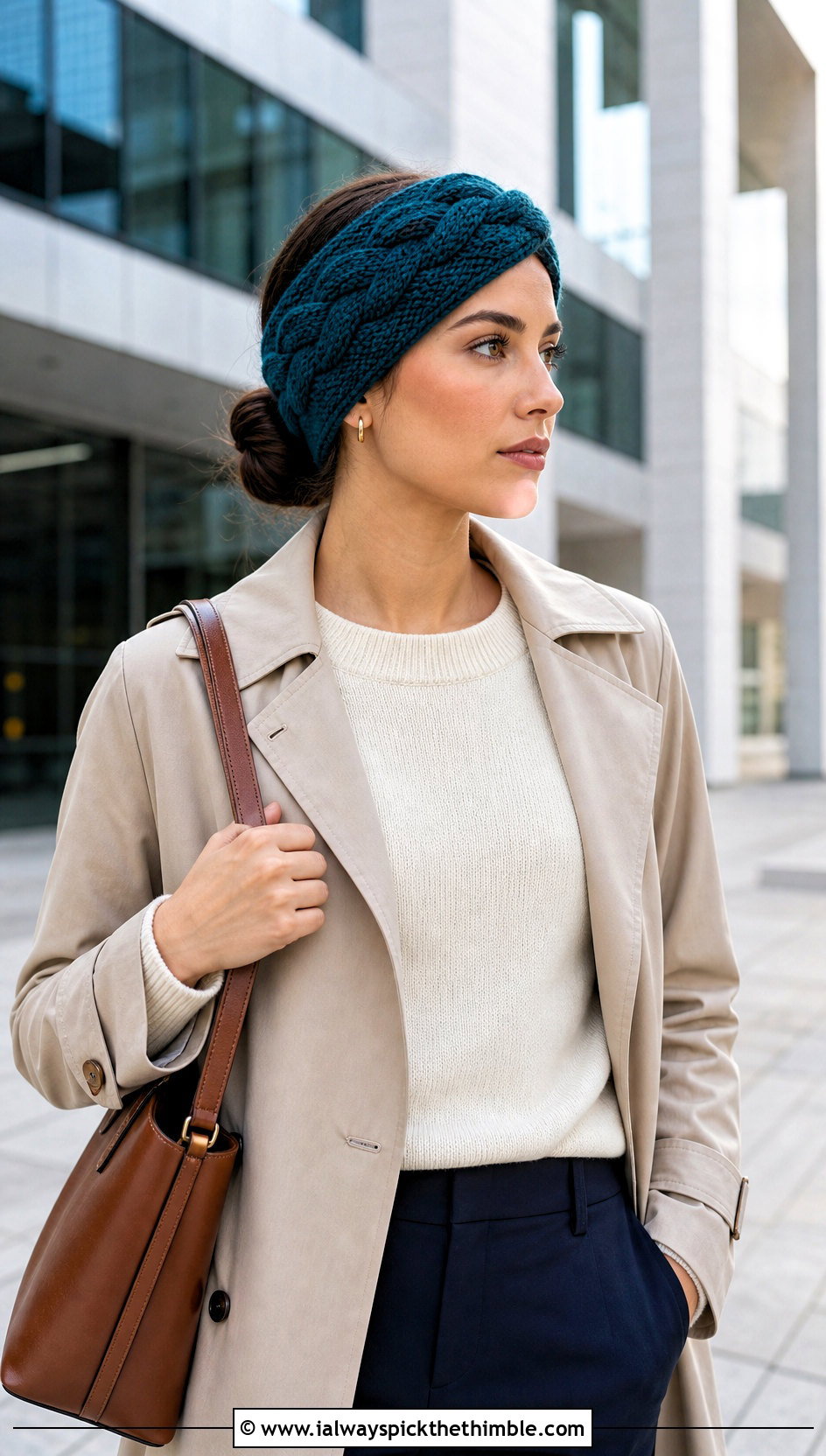 Braided Cable Crochet Ear Warmer With Trench Coat - 25 Easy Crochet Ear Warmer outfit ideas