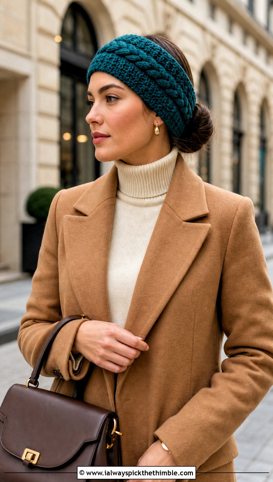 Braided Cable Crochet Ear Wrap With Wool Coat - 20 crochet ear wrap outfit ideas