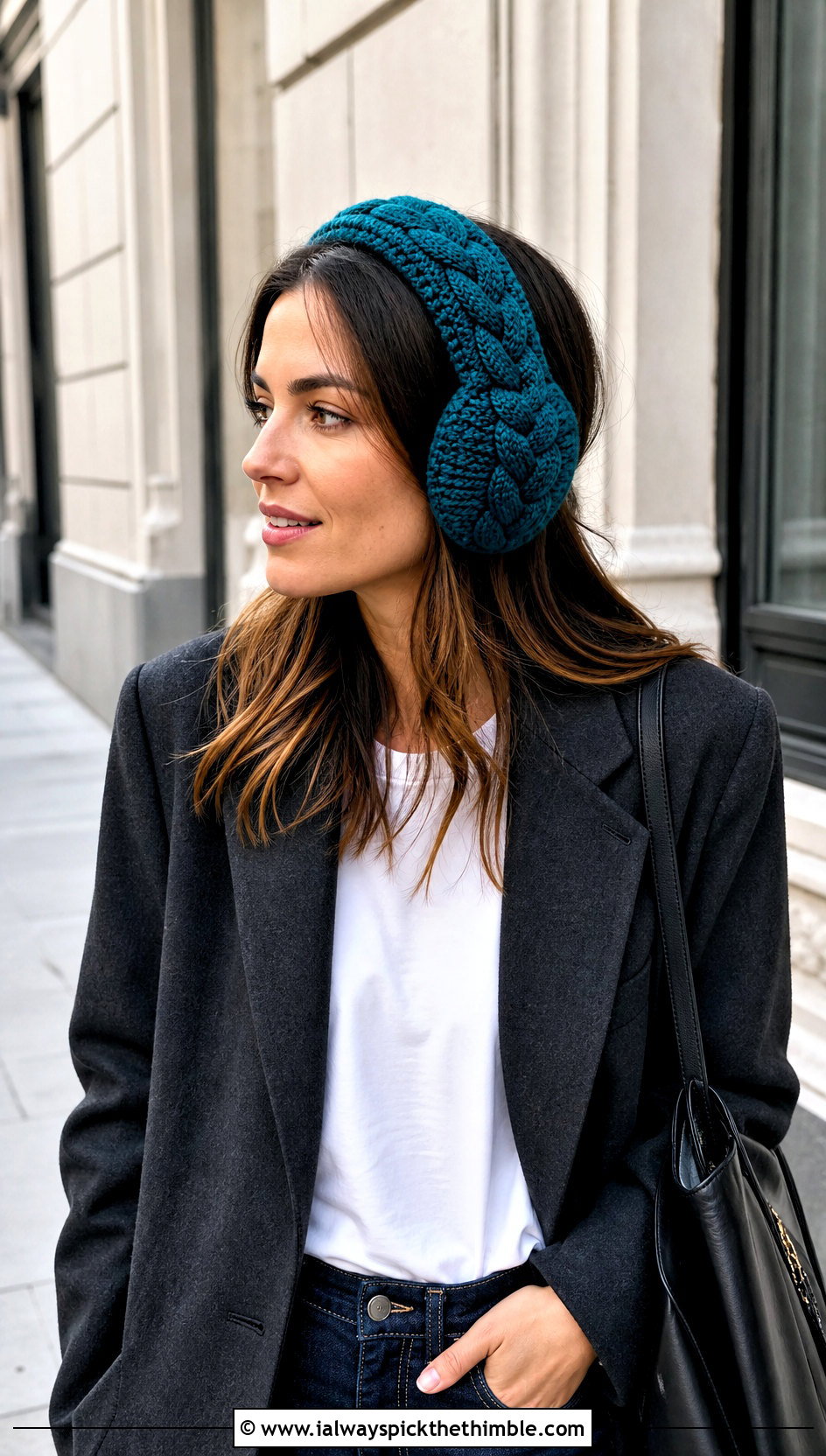 Braided Cable Crochet Earmuffs Headband With Blazer And Jeans - 20 Crochet Earmuffs Headband outfit ideas