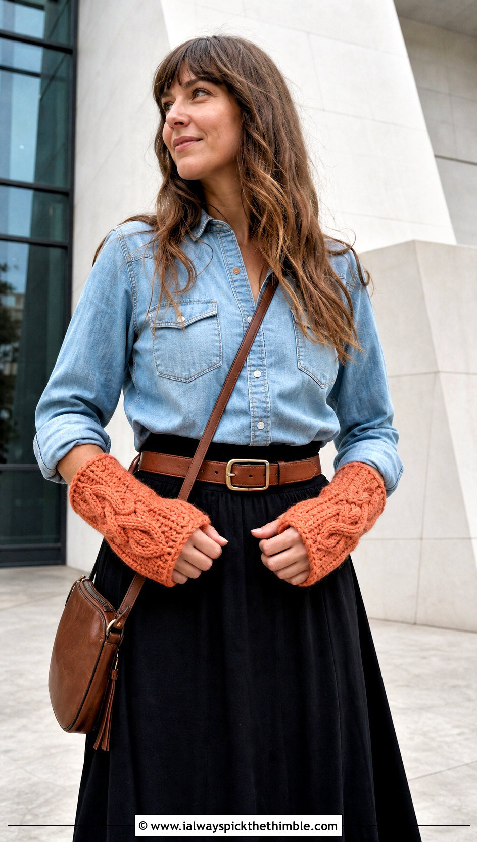 Braided Cable Crochet Hand Warmers With Denim Shirt And Maxi Skirt - 25 crochet hand warmer outfit ideas