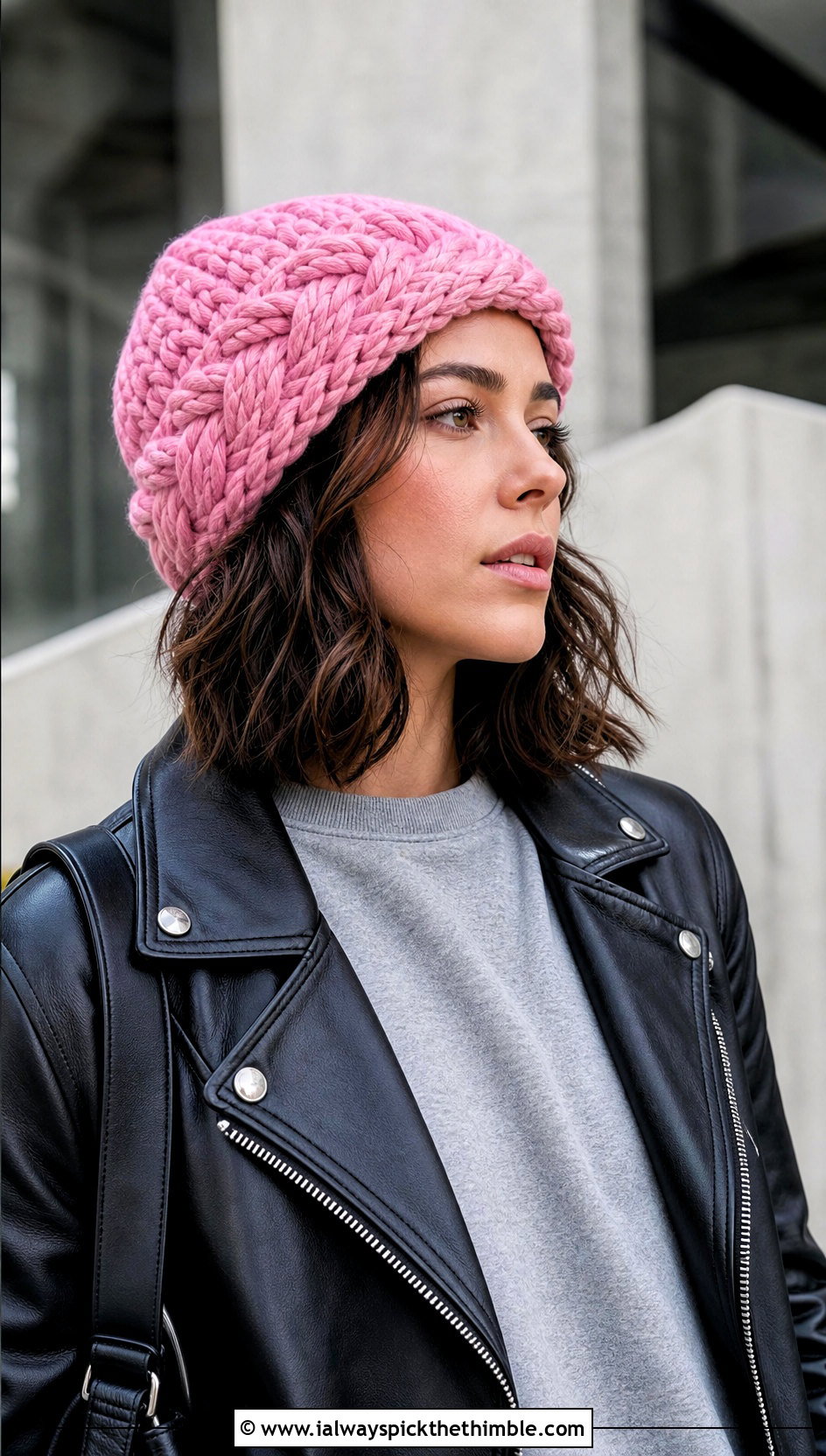 Braided Cable Crochet Hat With Leather Jacket - 20 Cable Crochet Hat outfit ideas