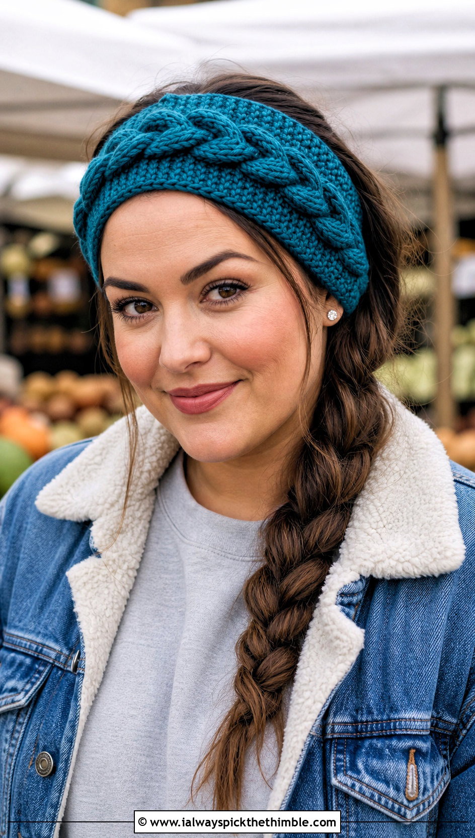 Braided Cable Crochet Headband With Denim Jacket - 20 Easy Crochet Winter Headband outfit ideas