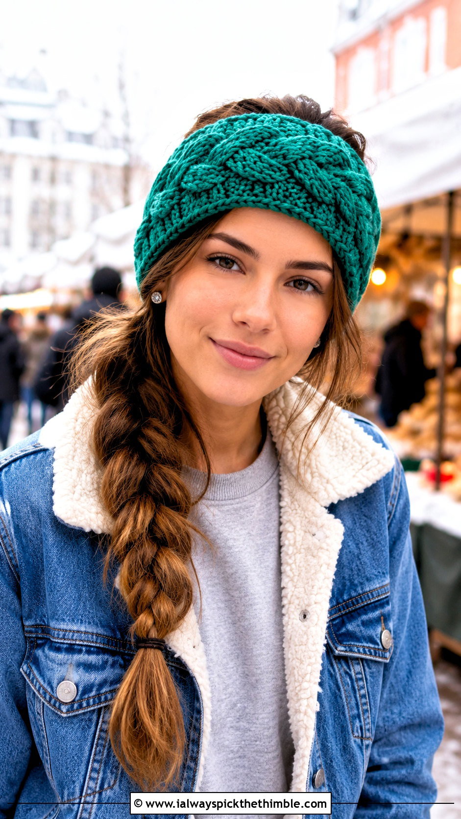 Braided Cable Crochet Headband With Denim Jacket - 25 crochet winter headband outfit ideas