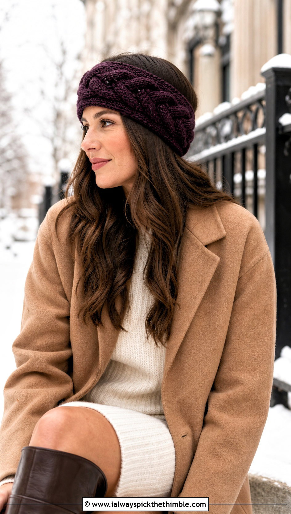 Braided Cable Crochet Headband With Sweater Dress And Boots - 25 crochet headbands outfit ideas