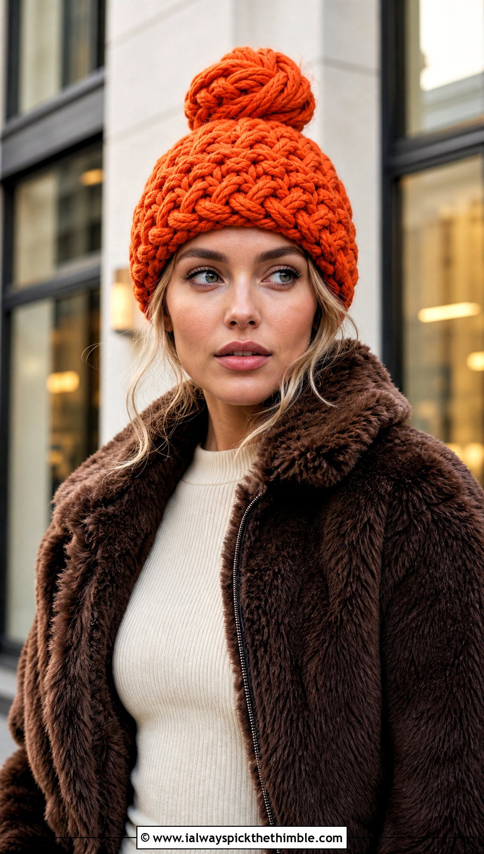 Braided Cable Crochet Messy Bun Hat With Faux Fur Jacket - 20 Crochet Messy Bun Hat Bulky Yarn outfit ideas