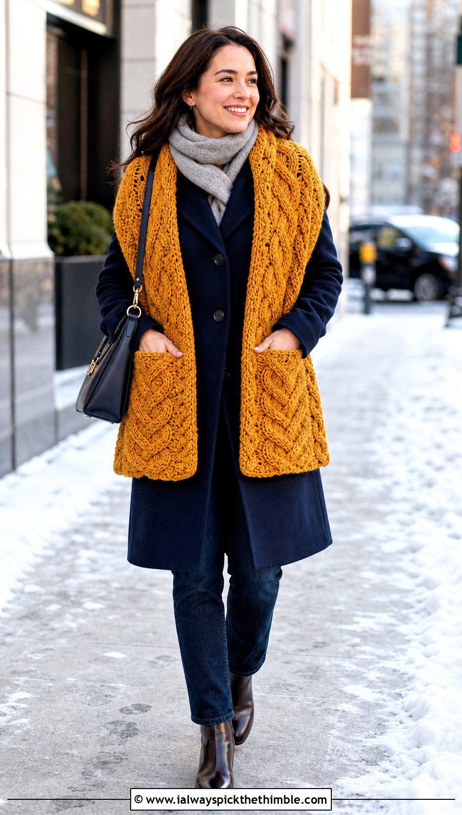 Braided Cable Crochet Pocket Shawl With Wool Coat - 25 crochet pocket shawl outfit ideas