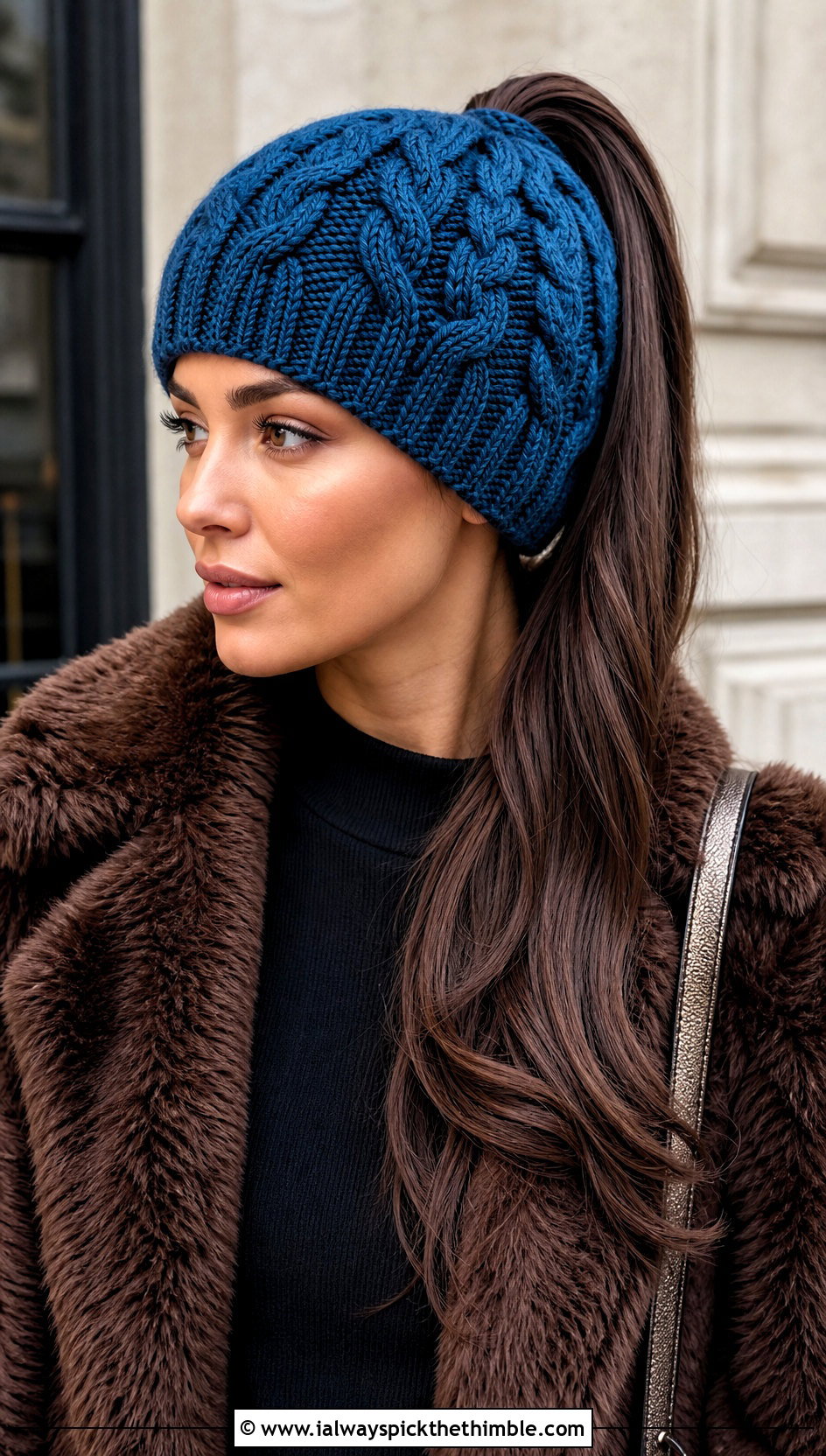 Braided Cable Crochet Ponytail Beanie With Faux Fur Coat - 20 Crochet Beanie With Ponytail Hole Hat outfit ideas