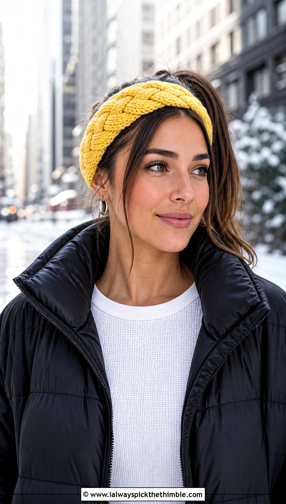 Braided Cable Headband With Puffer Jacket and Leggings - 15 easy crochet cable headband earwarmer outfit ideas