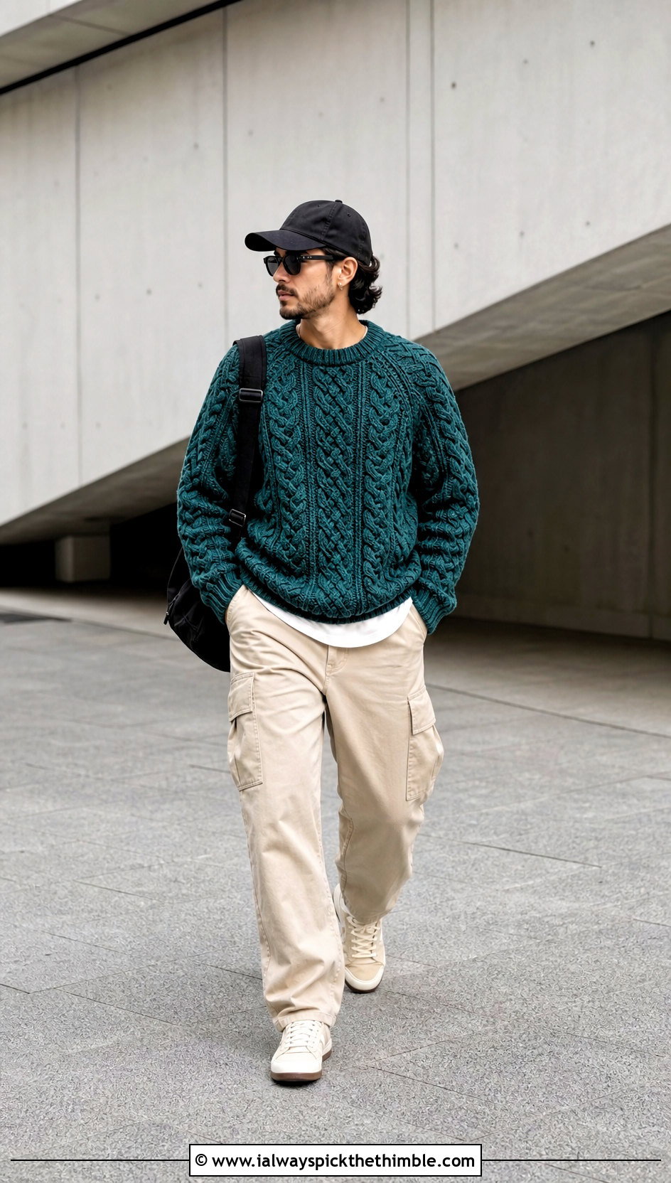 Braided Cable Raglan Sweater With Cargo Pants - 15 Mens Cable Crochet Sweater outfit ideas