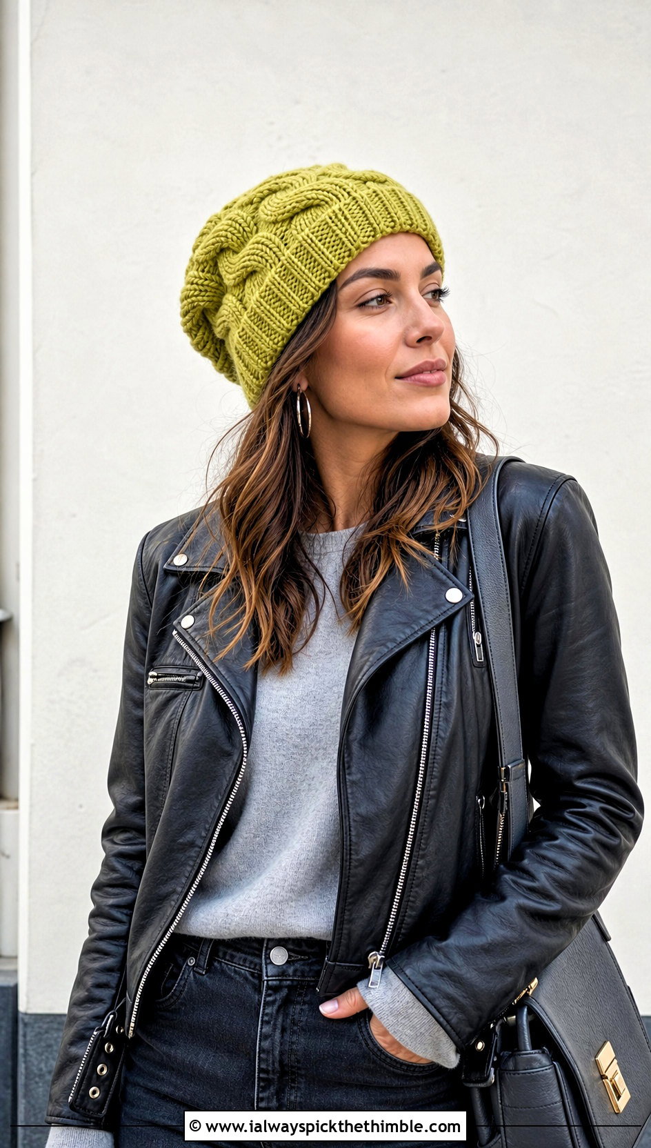 Braided Cable Slouch Hat With Leather Jacket - 20 Cable Knit Crochet Hat outfit ideas