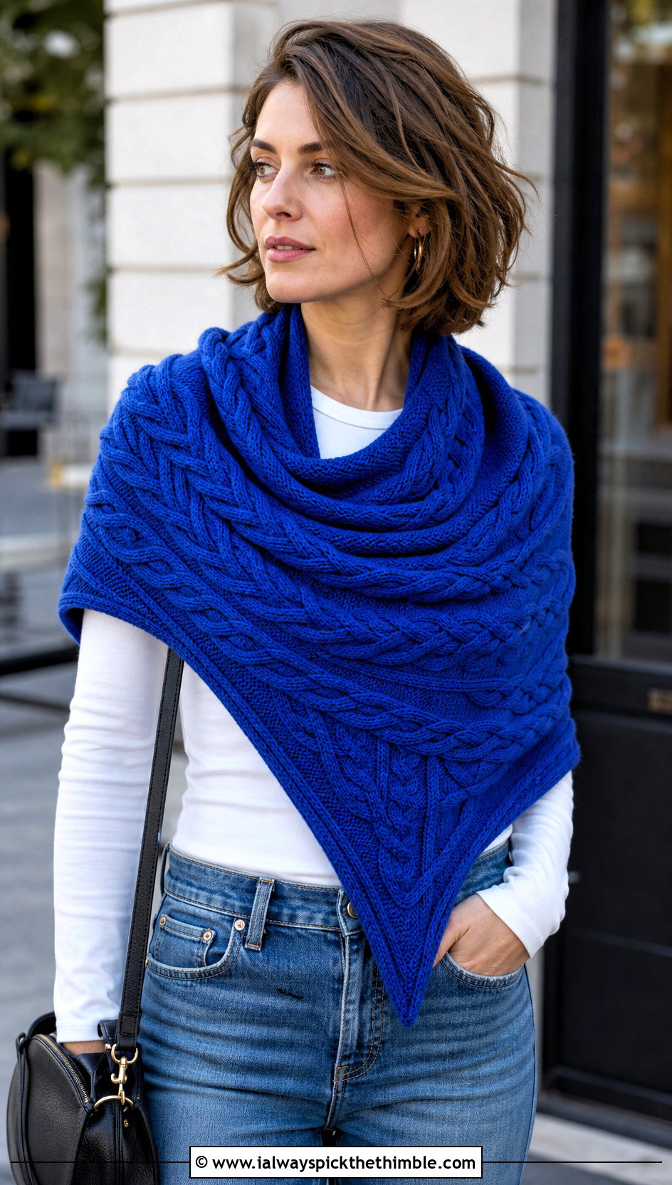 Braided Cable Triangle Shawl With Straight Leg Jeans - 15 Crochet Cable Shawl outfit ideas