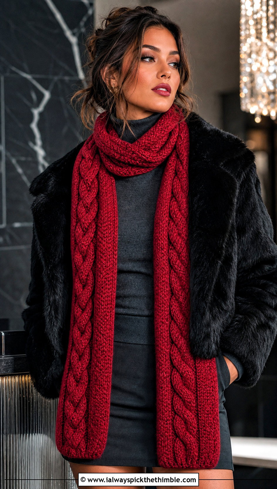 Braided Cable Wool Ease Crochet Scarf With Faux Fur Jacket - 15 wool ease crochet scarf outfit ideas