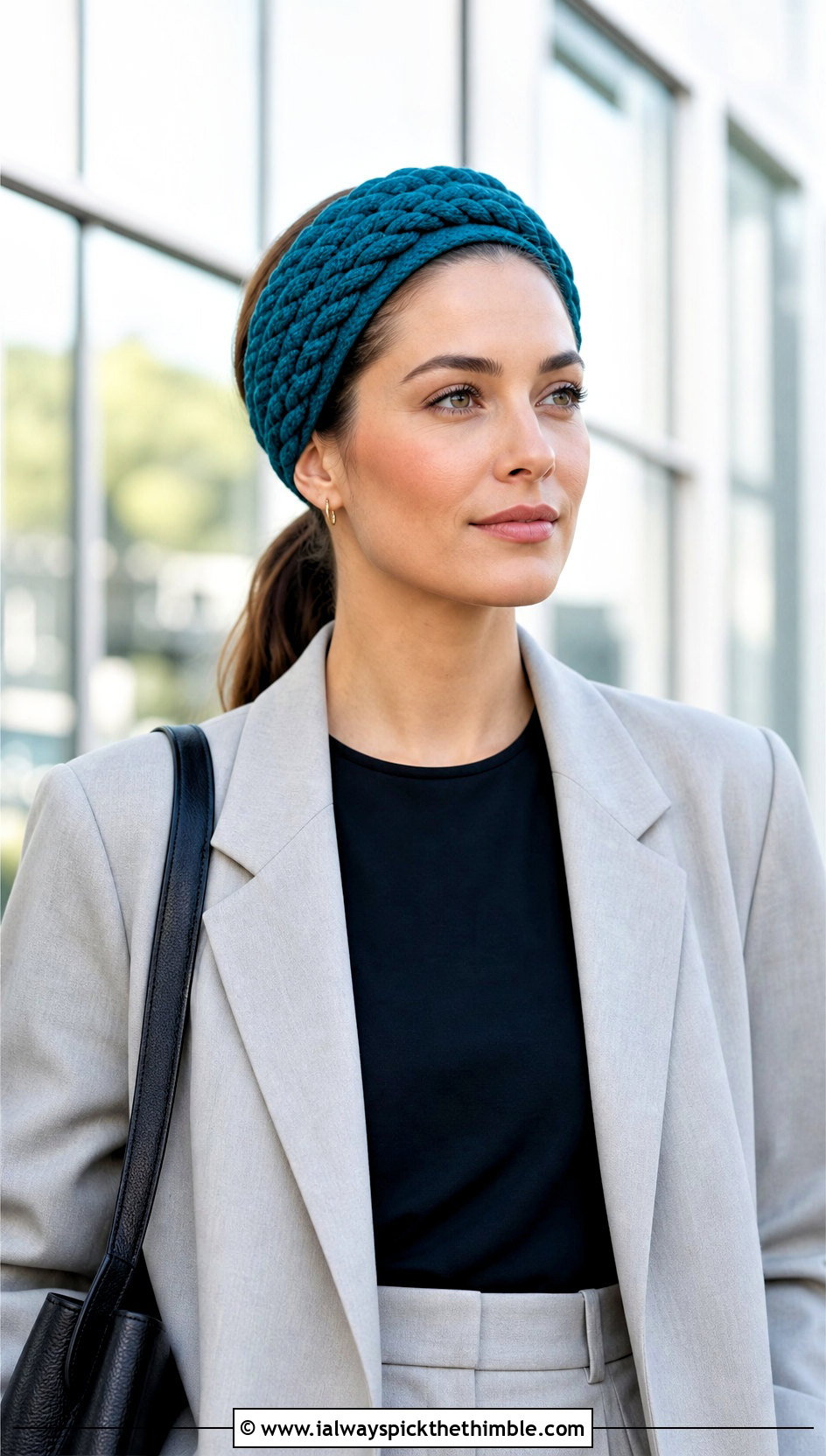 Braided Chunky Crochet Headband With Blazer And Trousers - 20 chunky crochet headband outfit ideas