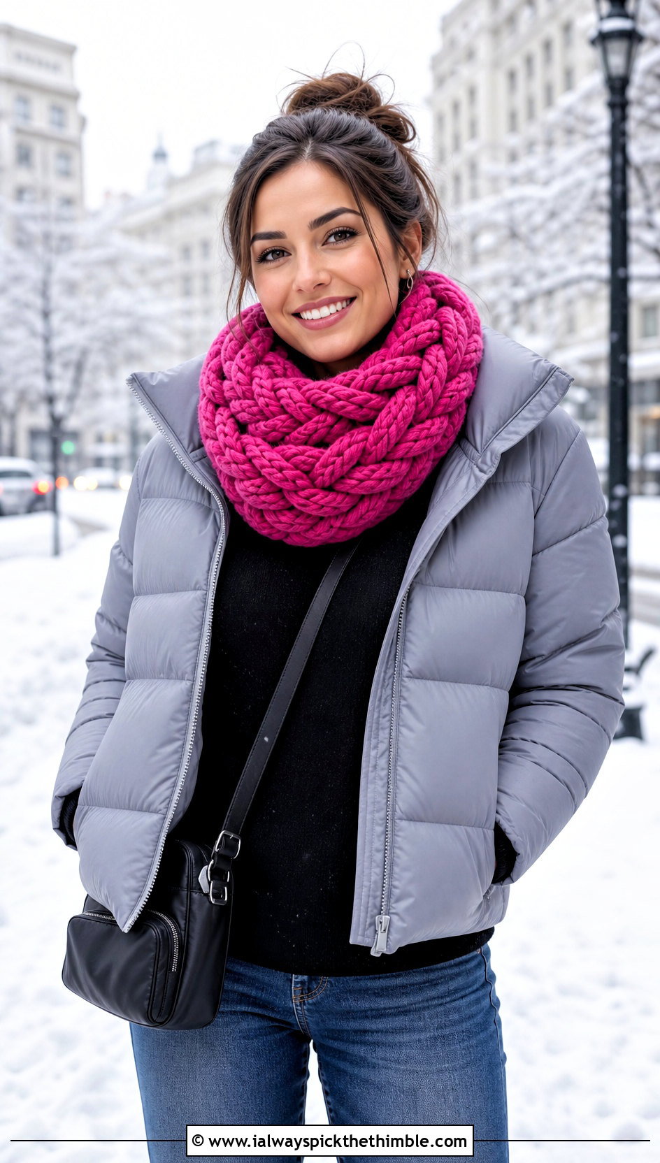 Braided Chunky Crochet Infinity Scarf With Puffer Jacket - 20 Chunky Crochet Infinity Scarf outfit ideas