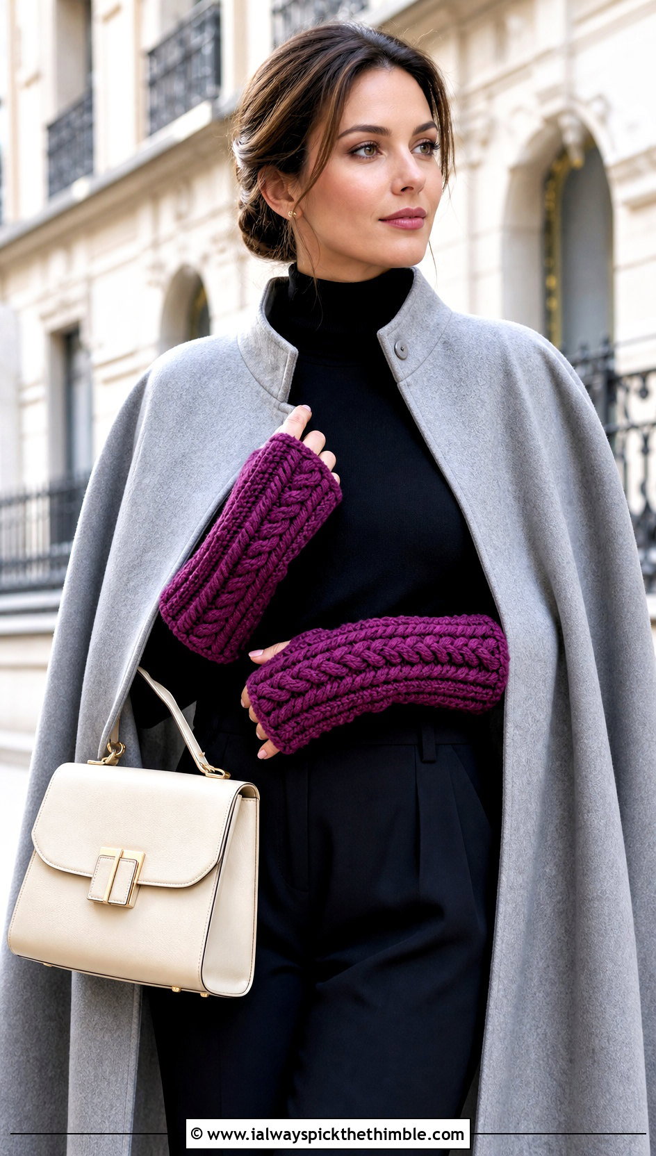 Braided Chunky Yarn Crochet Fingerless Gloves With Cape Coat - 20 chunky yarn crochet fingerless gloves outfit ideas