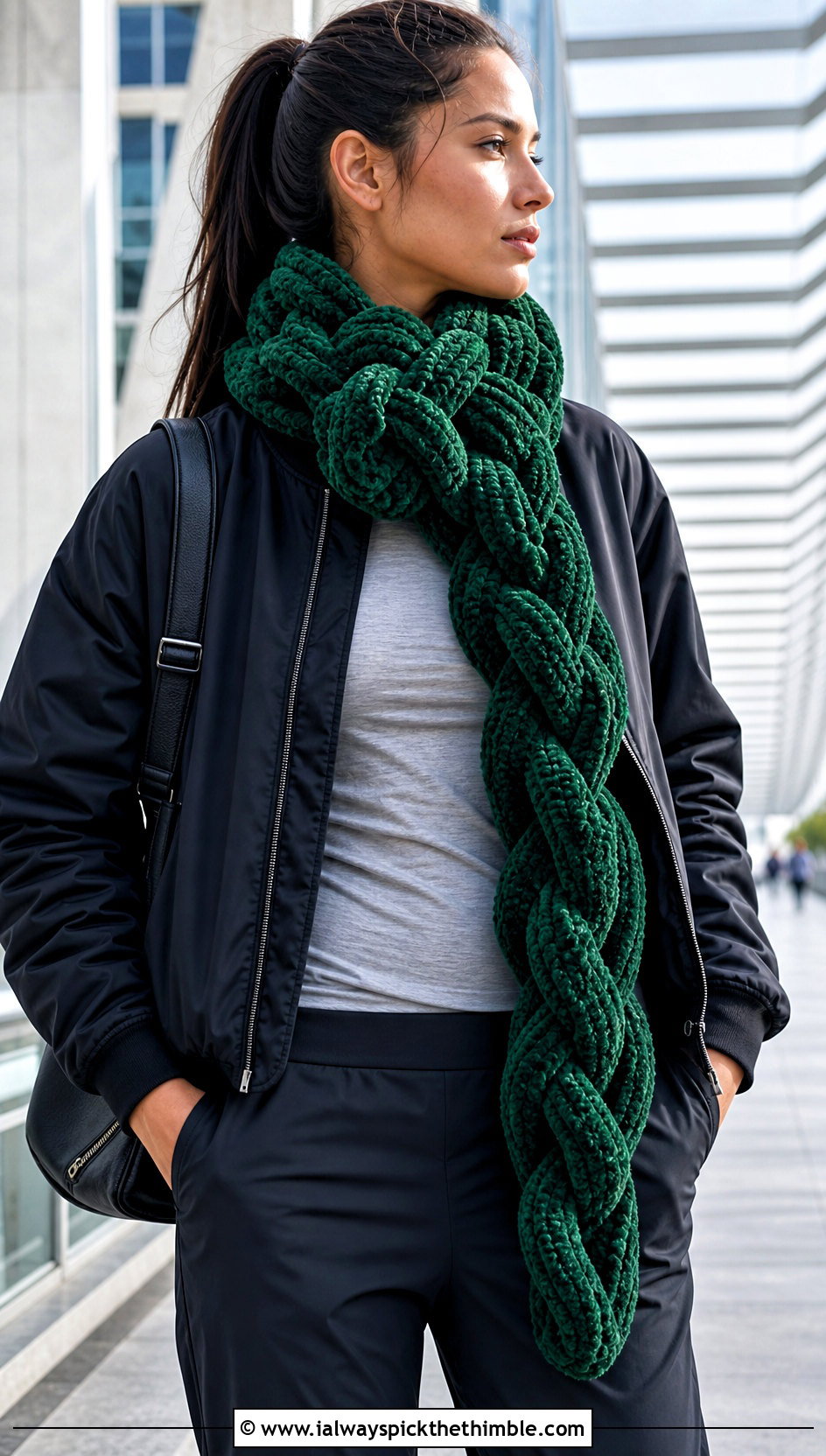 Braided Crochet Chenille Scarf With Bomber Jacket - 20 crochet chenille scarf outfit ideas