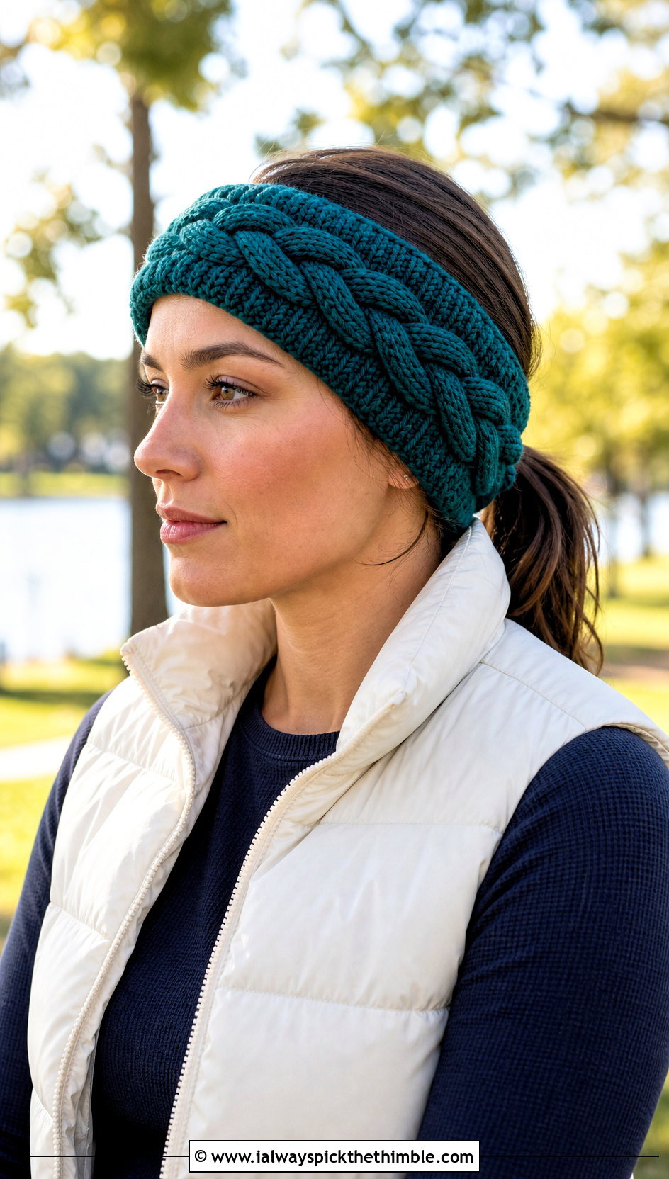 Braided Crochet Ear Warmer With Puffer Vest - 20 Crochet Headband Ear Warmer outfit ideas