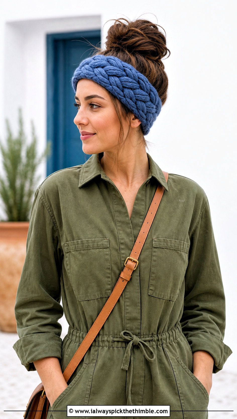 Braided Crochet Ear Warmer With Utility Jumpsuit - 20 Beginner Crochet Ear Warmer outfit ideas