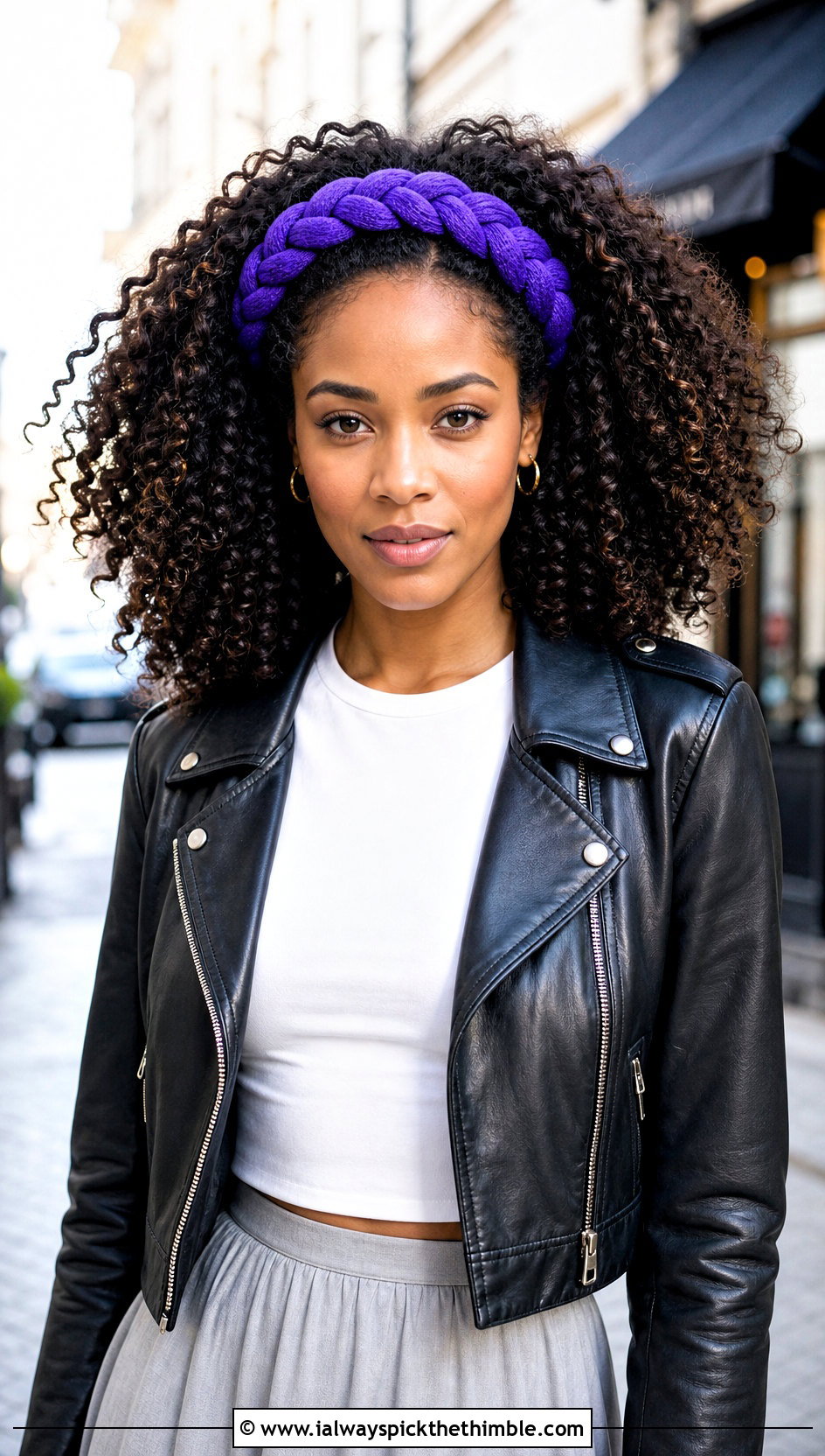 Braided Crochet Headband With Leather Jacket - 20 crochet headband curly hair outfit ideas