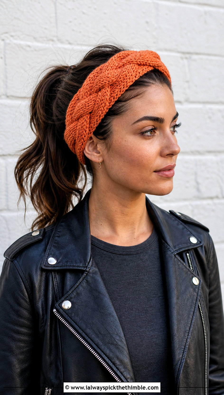 Braided Crochet Headband With Leather Jacket - 20 simple crochet head bands outfit ideas