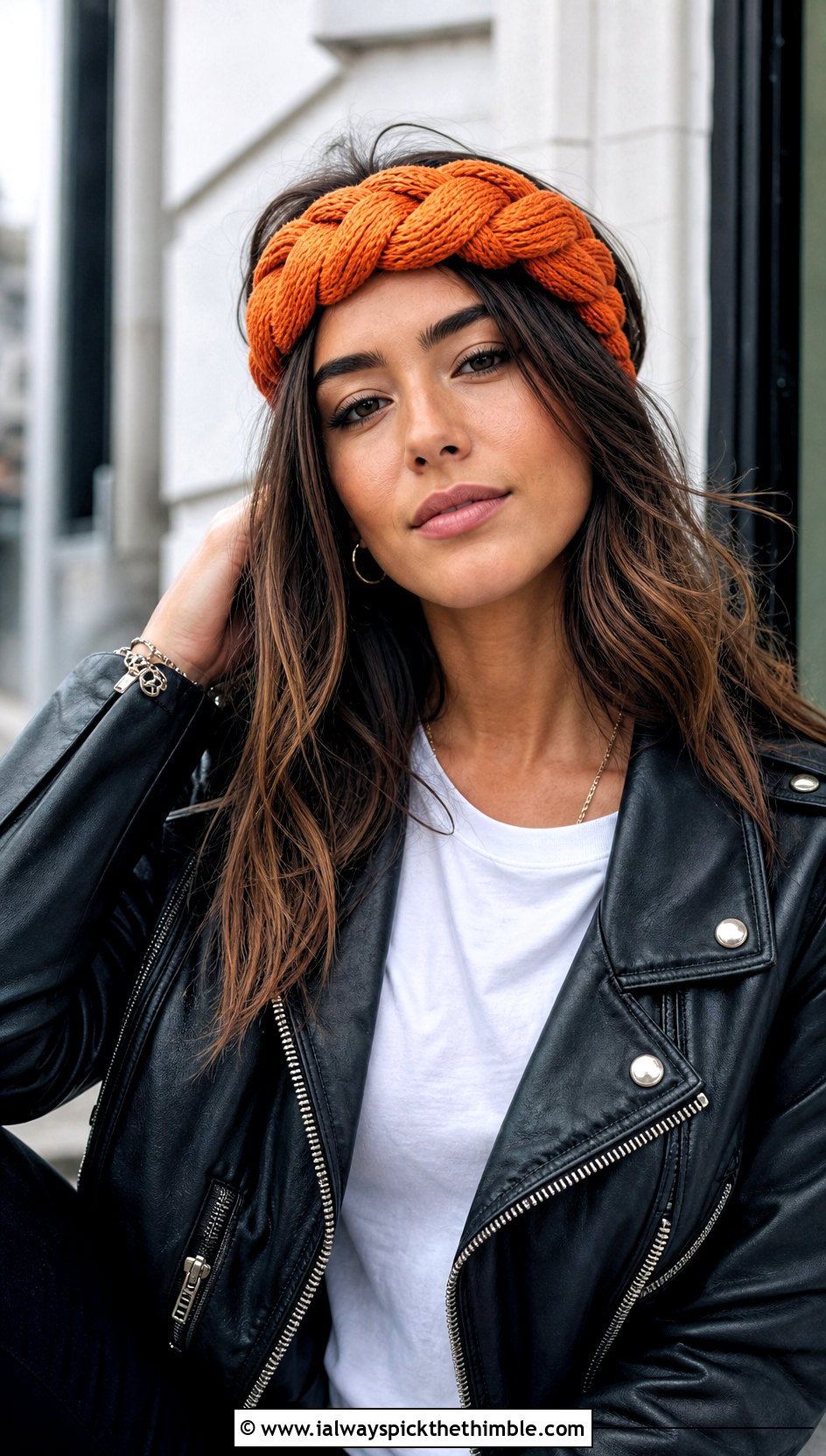 Braided Crochet Headband With Leather Jacket - 20 crochet for headbands outfit ideas