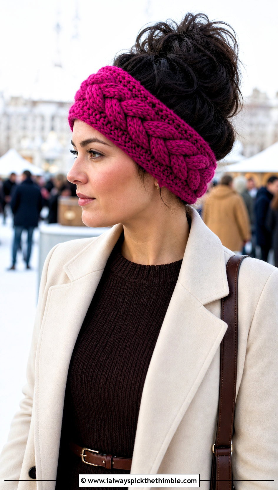 Braided Crochet Messy Bun Ear Warmer With Sweater Dress - 20 Crochet Messy Bun Ear Warmer outfit ideas