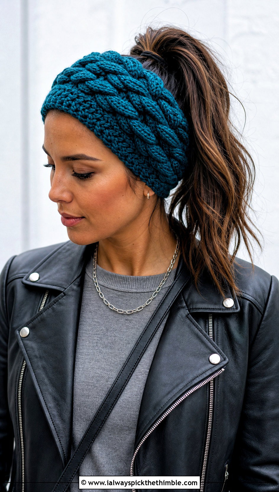 Braided Crochet Ponytail Headband With Leather Jacket - 20 crochet headband with ponytail hole outfit ideas