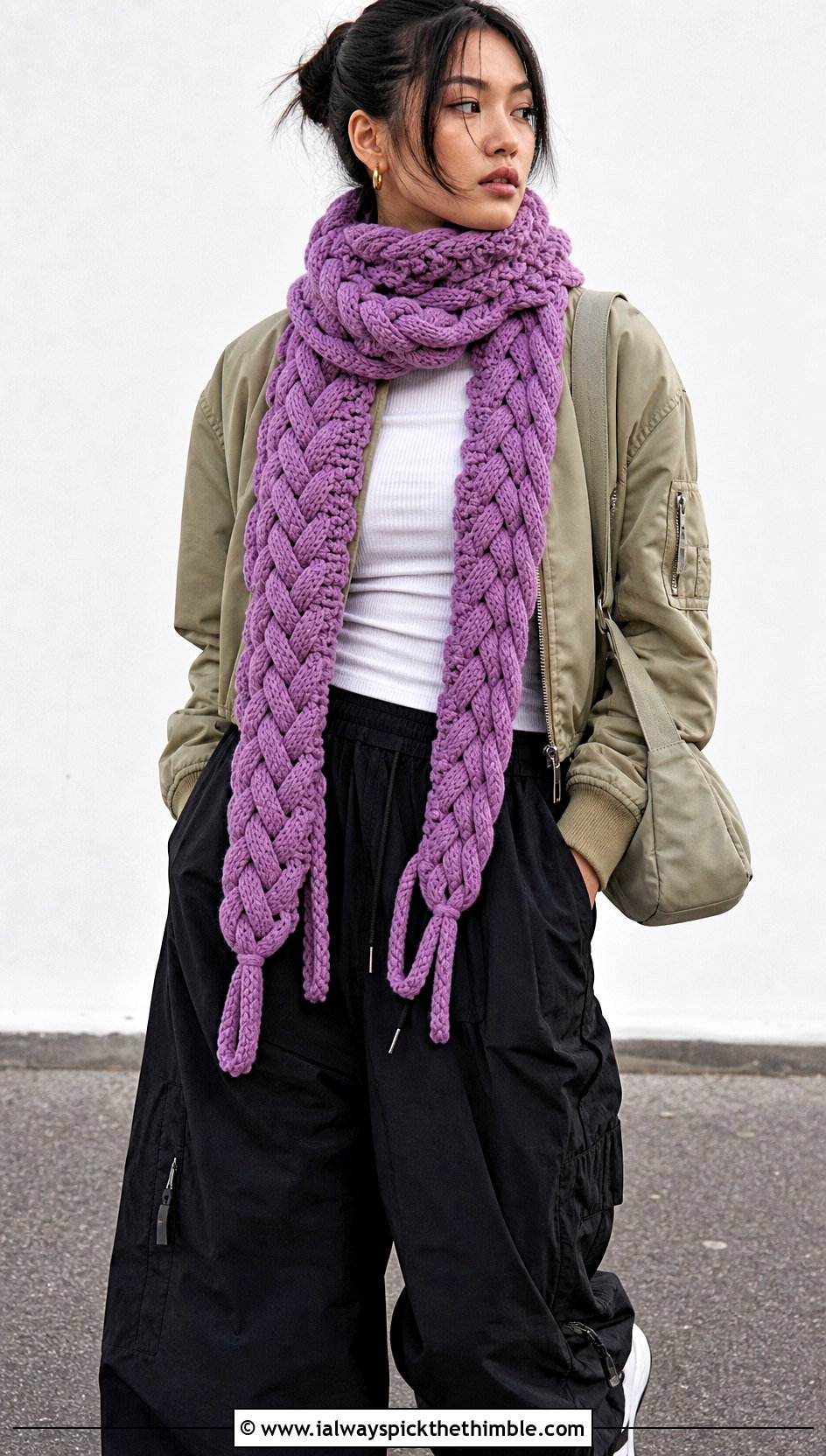 Braided Crochet Scarf With Bomber Jacket - 25 simple crochet scarf outfit ideas