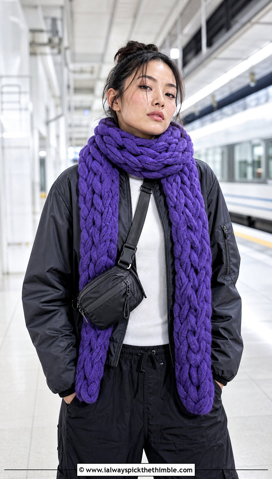 Braided Crochet Scarf With Bomber Jacket - 25 Winter Crochet Scarf outfit ideas