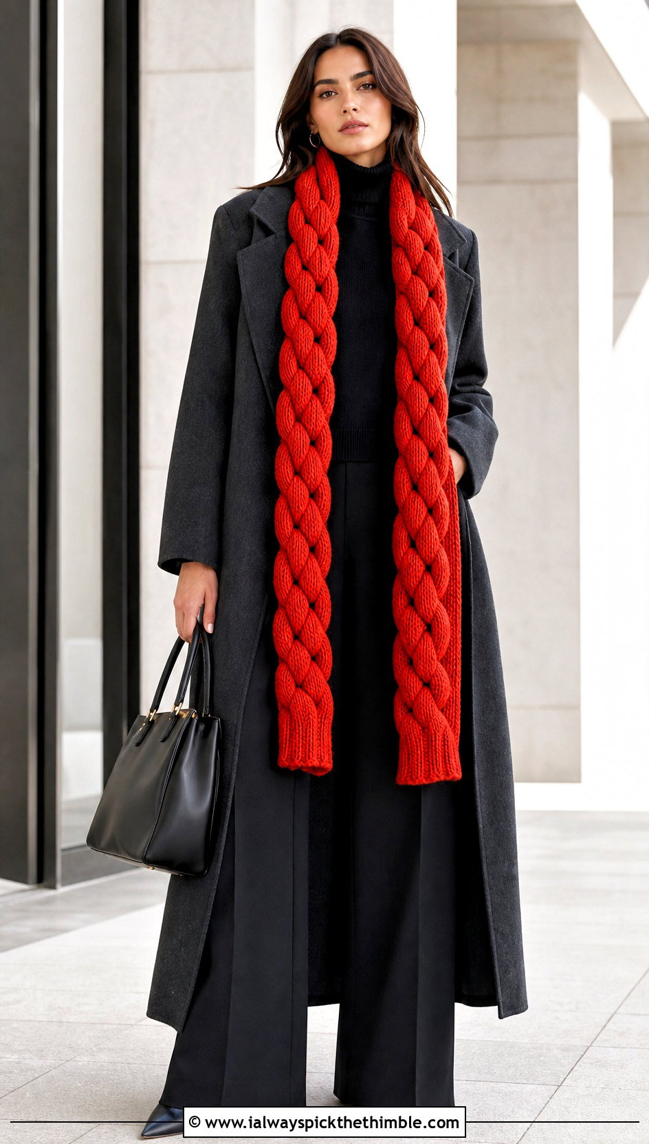 Braided Crochet Scarf With Maxi Coat And Wide Leg Pants - 25 crochet scarf outfit ideas