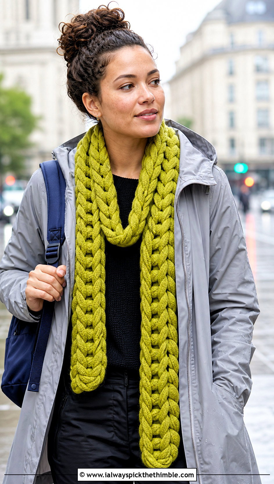 Braided Crochet Scarf With Raincoat - 20 Multifunctional Crochet Scarf outfit ideas