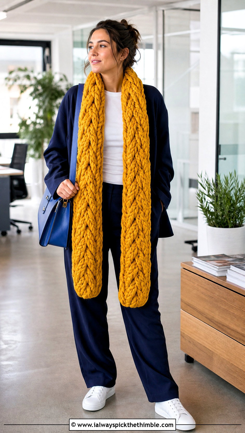Braided Crochet Scarf With Suit And Sneakers - 15 Super Bulky Crochet Scarf outfit ideas