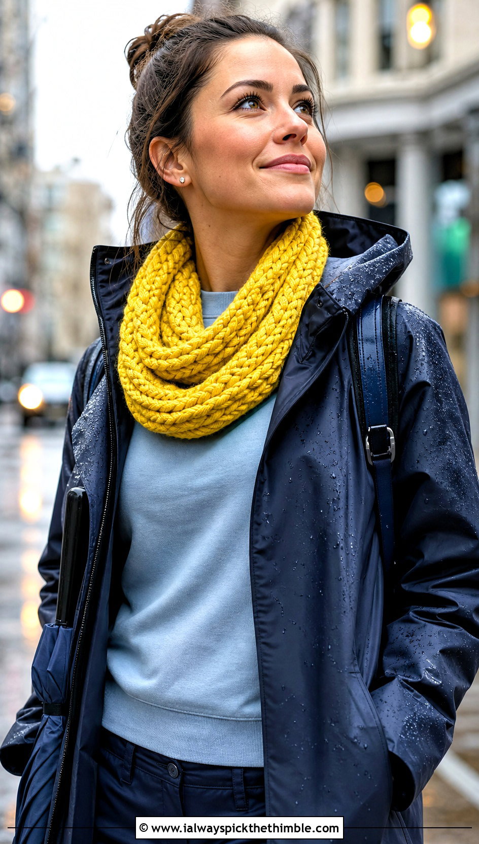 Braided Crocheted Cowl With Raincoat - 20 Crocheted Cowl outfit ideas