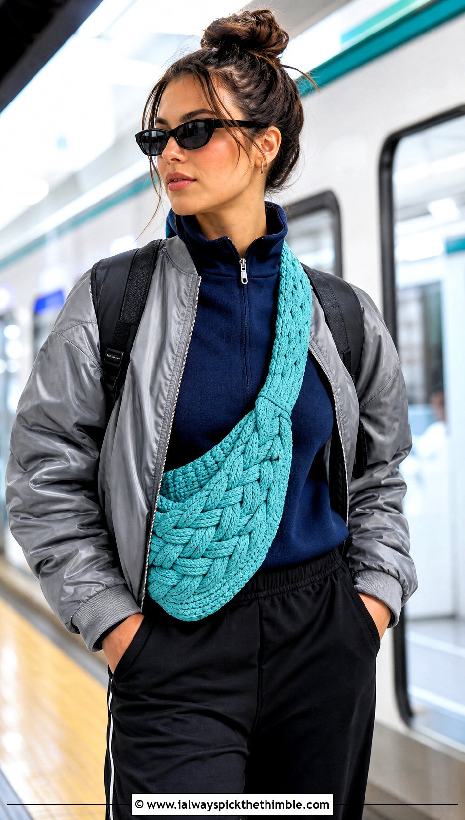 Braided Crossbody Crochet Cowl With Bomber Jacket - 15 Crossbody Crochet Cowl outfit ideas