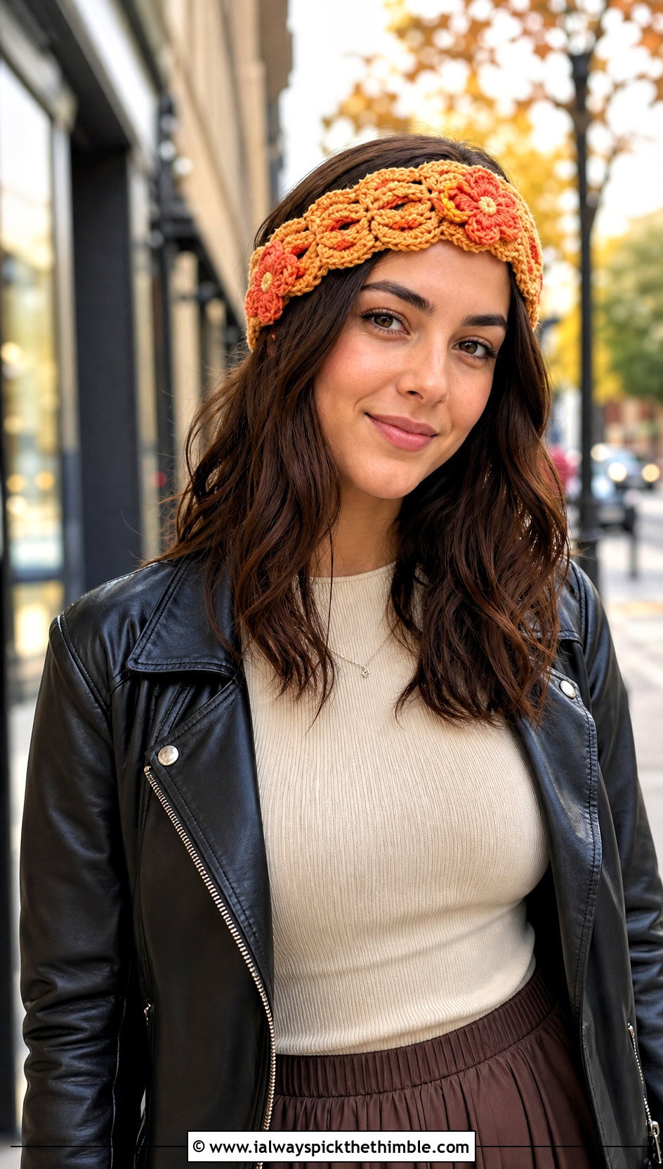 Braided Daisy Crochet Headband With Leather Jacket - 15 daisy flower crochet headband outfit ideas