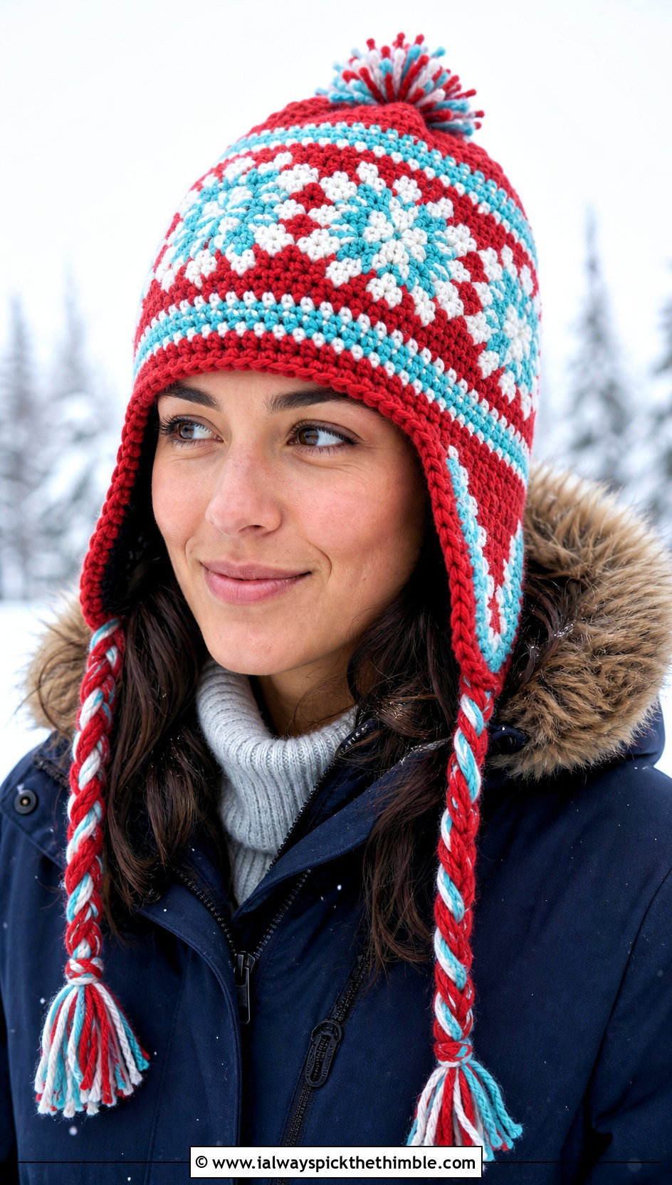 Braided Ear Tie Fair Isle Beanie With Parka - 20 Crochet Fair Isle Beanie outfit ideas