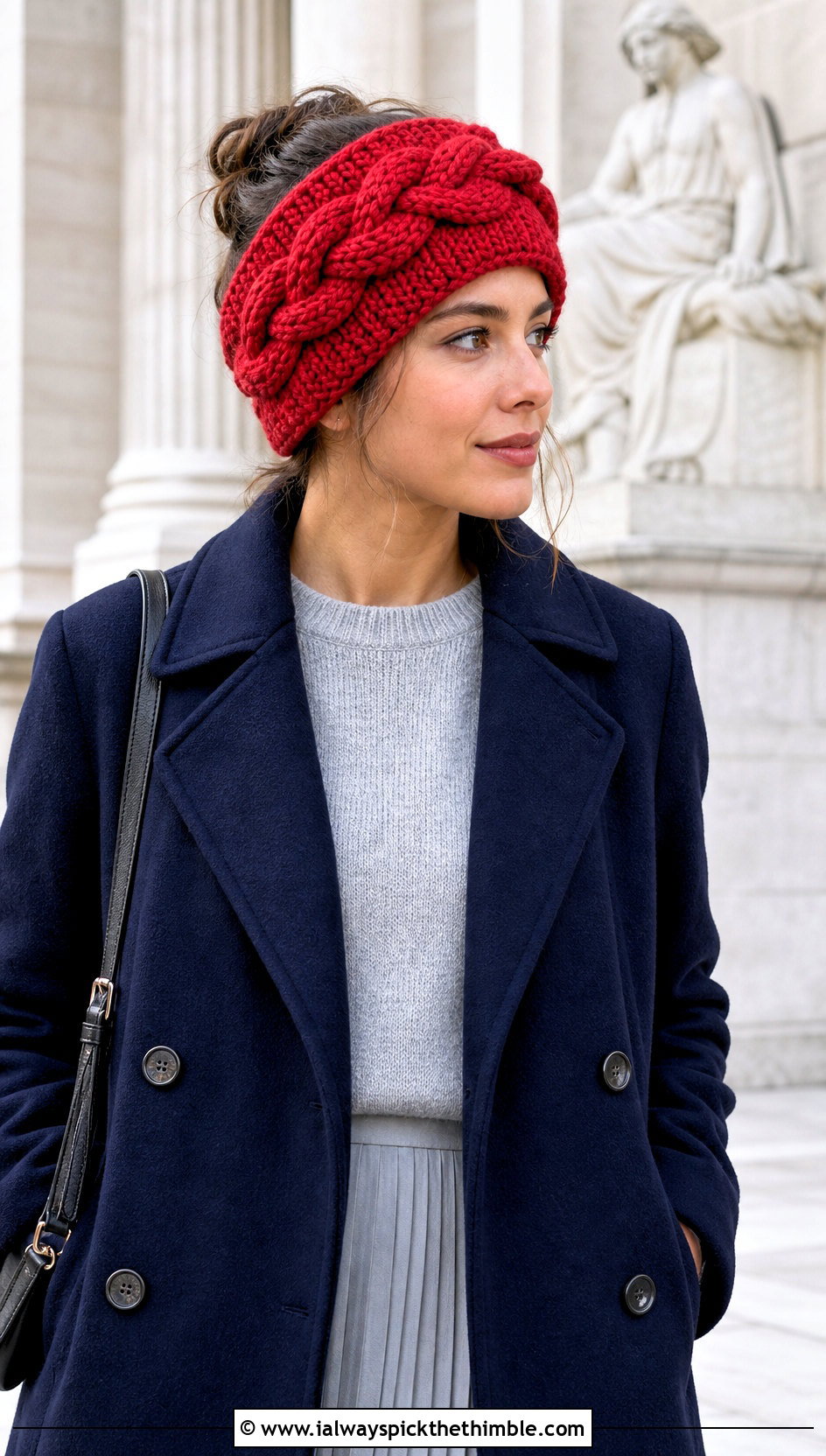 Braided Ear Warmer With Peacoat And Pleated Skirt - 20 Tunisian Crochet Ear Warmer outfit ideas