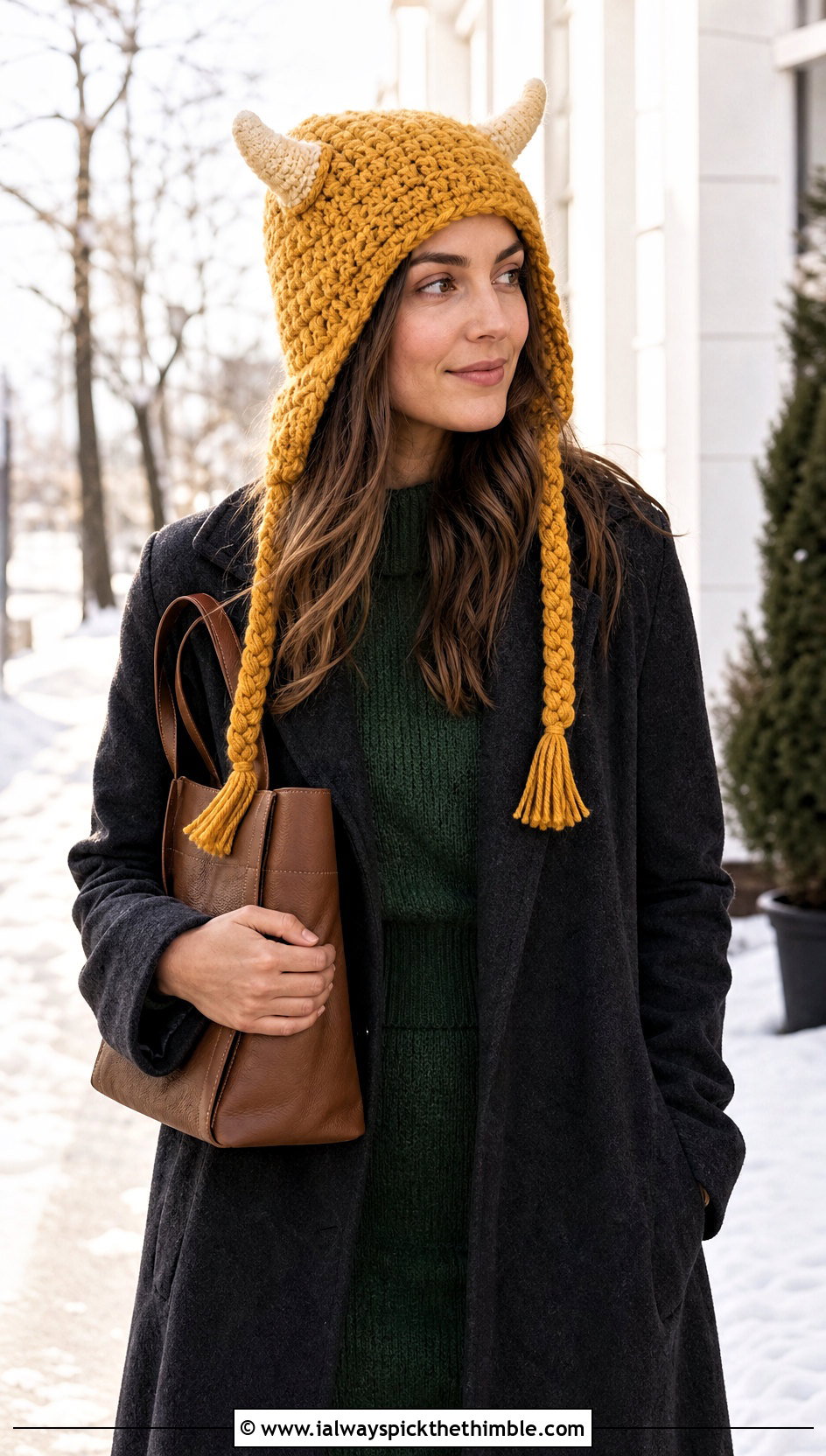 Braided Earflap Horn Crochet Hat With Sweater Dress - 20 crochet hat with horns outfit ideas