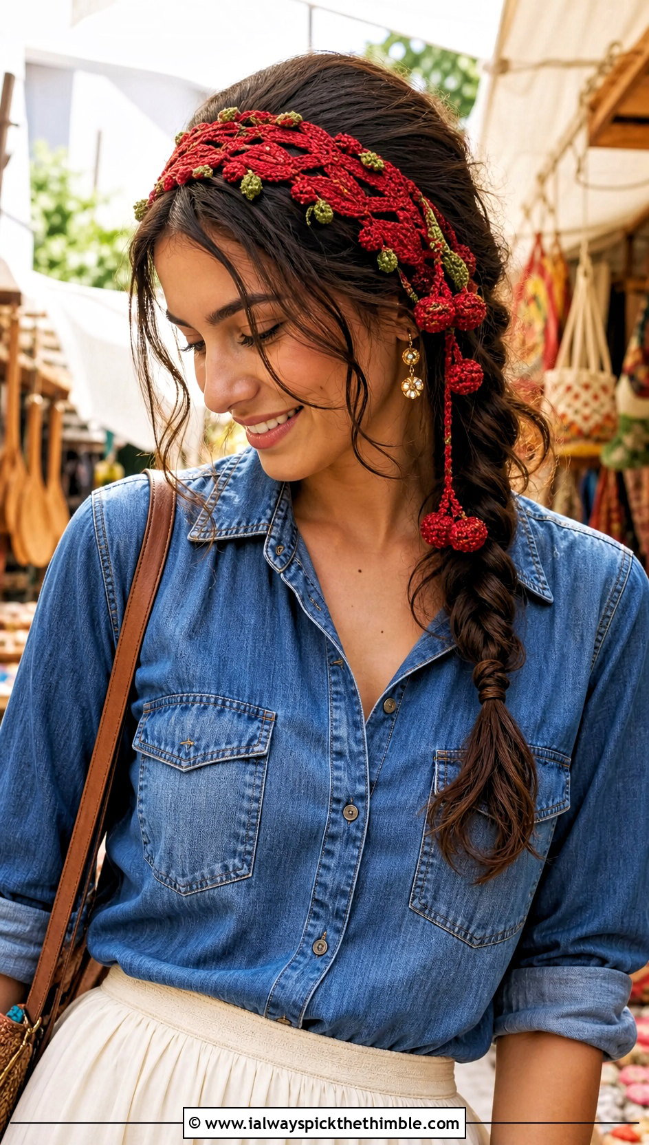 Braided Elastic Crochet Headband With Denim Shirt And Maxi Skirt - 20 Crochet Headbands With Elastic outfit ideas