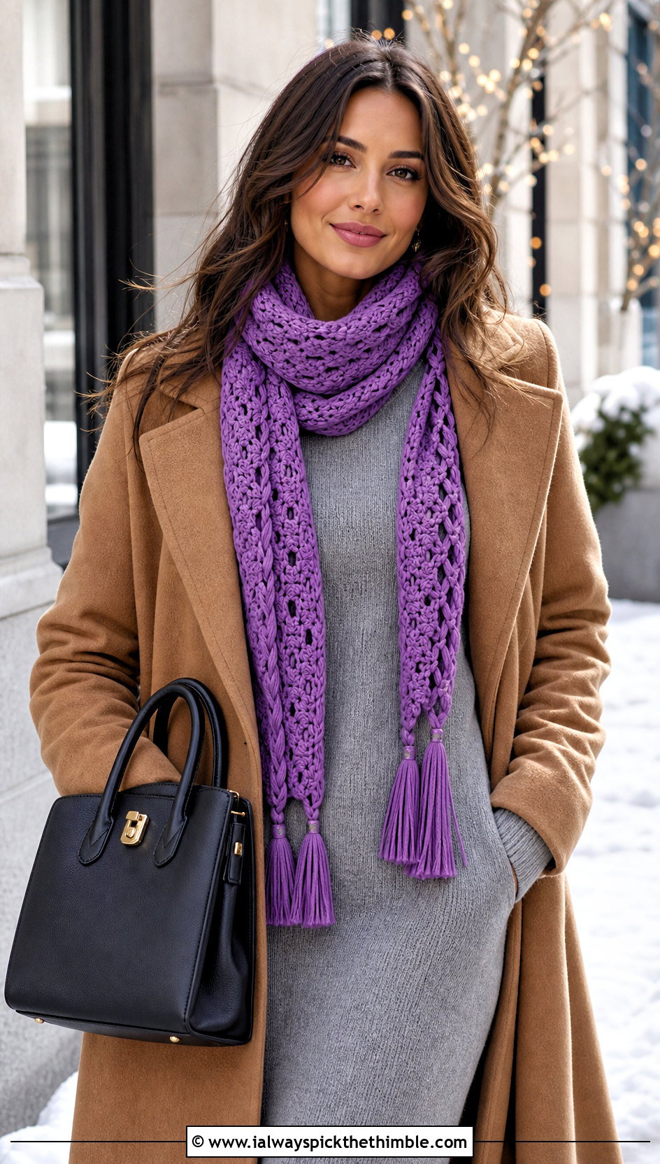 Braided Fringe Crochet Scarf With Sweater Dress - 20 Crochet Scarf Fringe Ideas